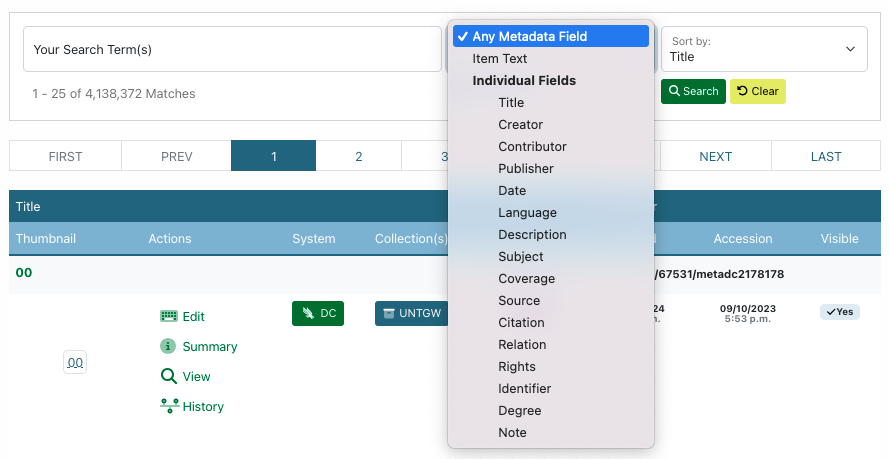 Screenshot of the search box at the top of the Dashboard with field options