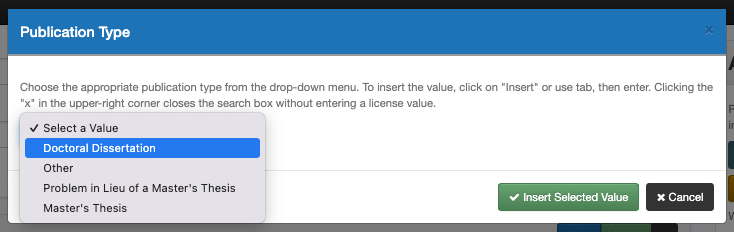 Screenshot of the degree publication type modal
